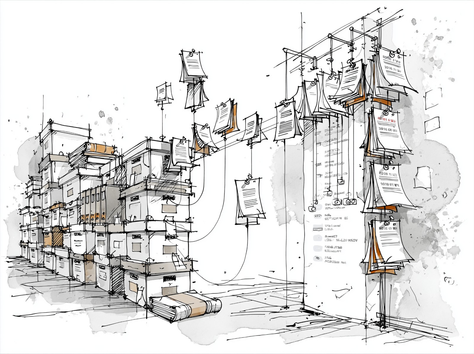 Ink-and-wash illustration of archived document boxes and pages strung on lines — ingestion and extraction