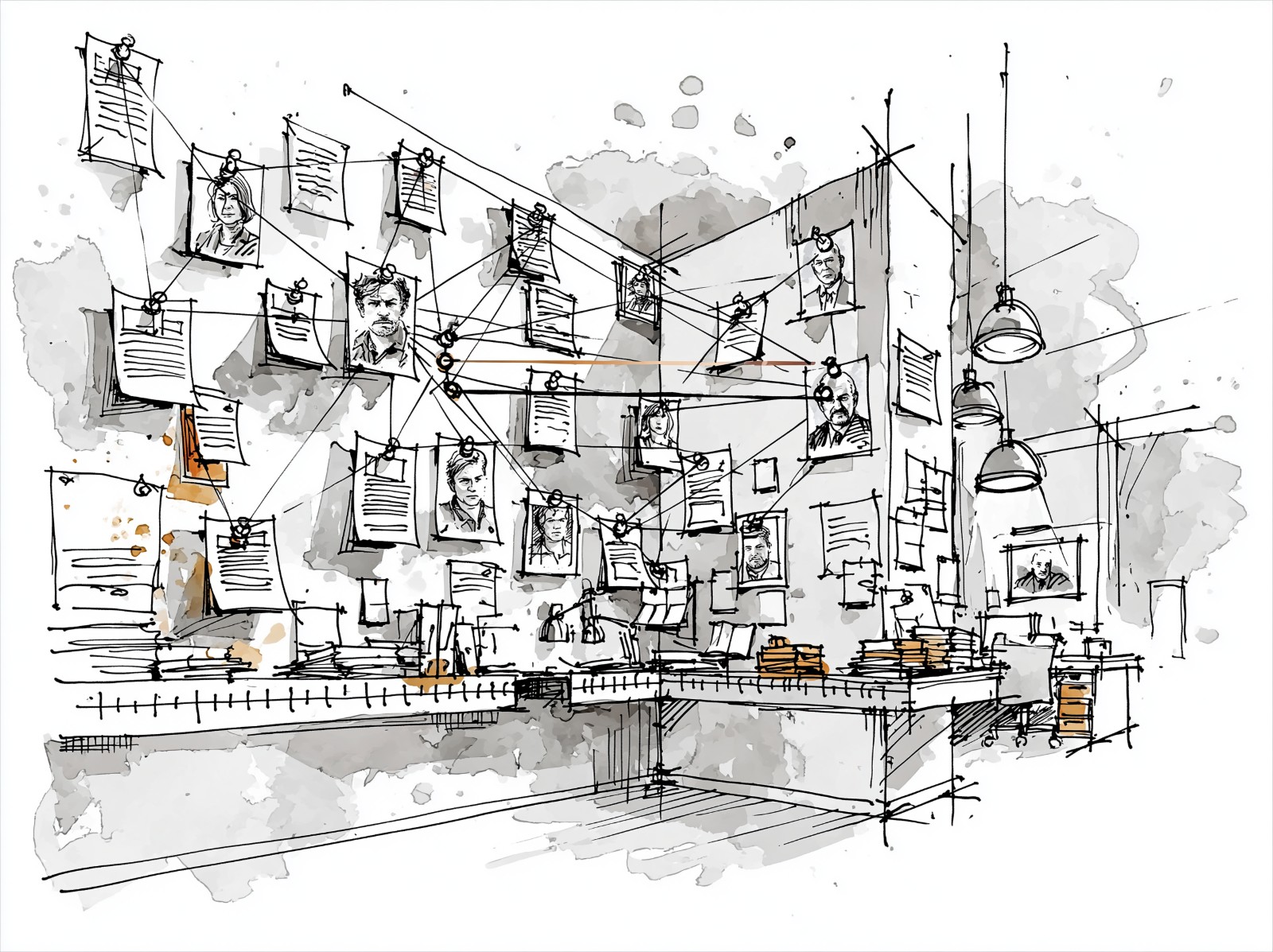 Ink-and-wash illustration of an investigation board linking witness photos and documents with string — case modeling and contradiction mapping
