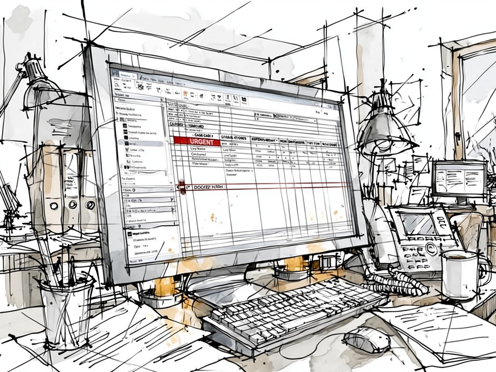Ink-and-wash illustration of a case dashboard flagging an urgent docket item — source-attributed output