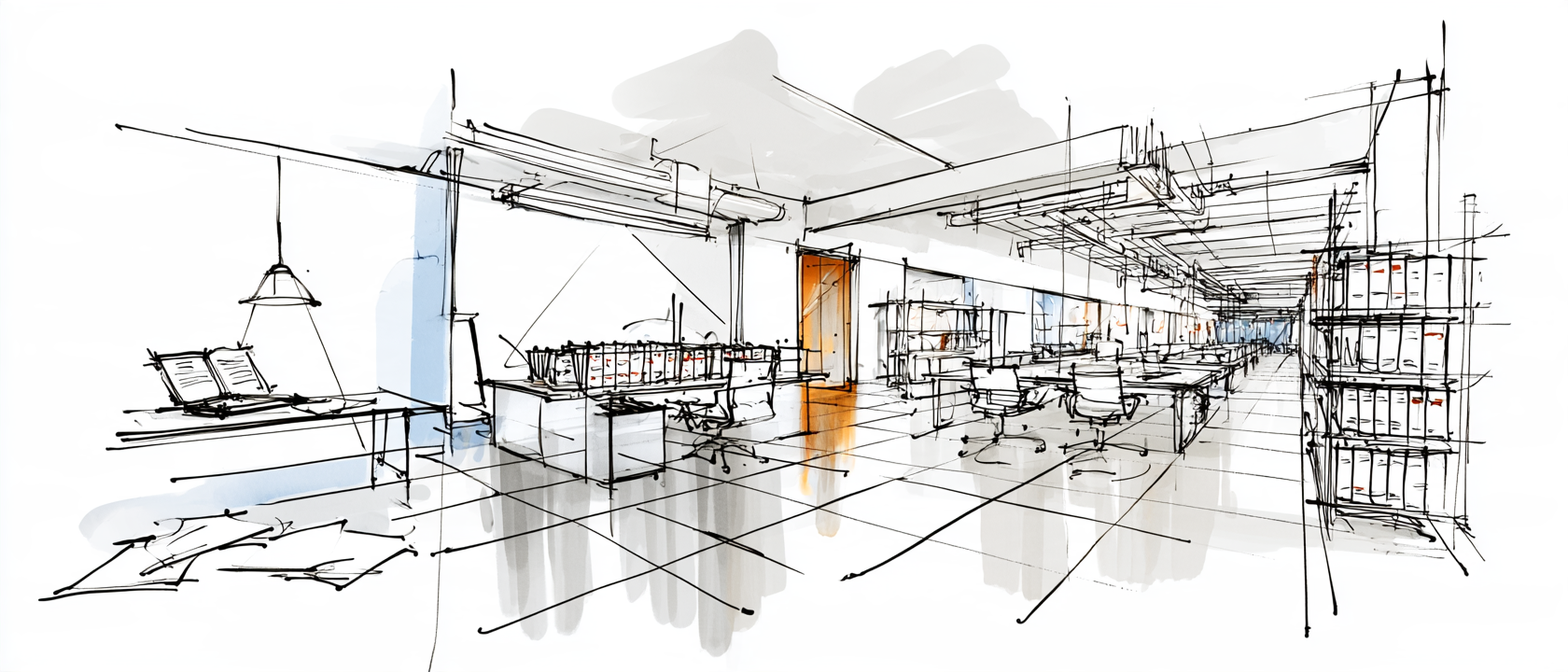 Ink-and-wash illustration of one continuous office growing from a single case file on a table, to a desk with a row of folders, to a long team room with shelves of binders; one doorway glows amber