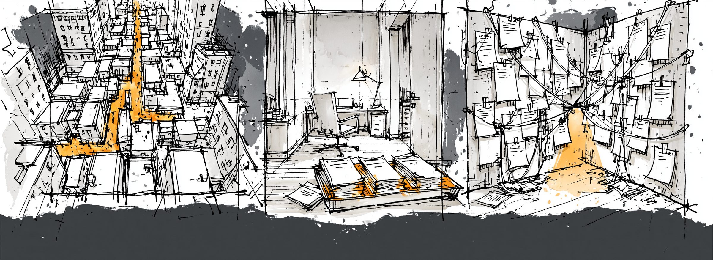 Ink-and-wash triptych: a clear amber route through a city maze, drafts prepared overnight on a desk, and an evidence wall with one gap lit amber
