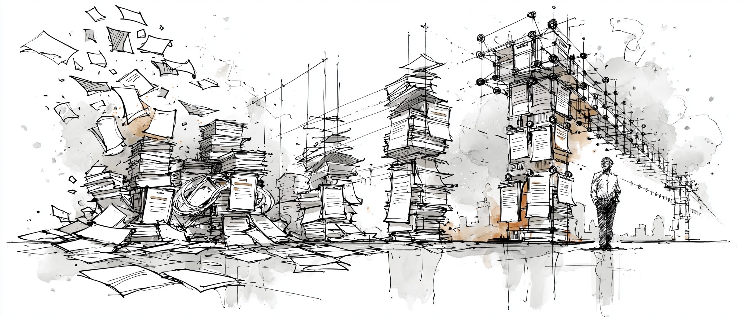 Ink-and-wash scene of paper stacks resolving into a connected structure